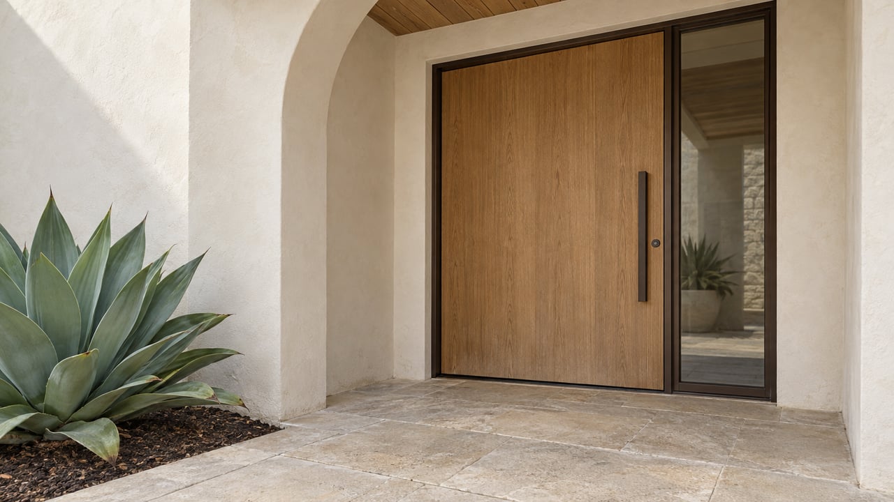 Recessed oak pivot door with bronze sidelight, beneath a timber soffit beside an agave and limestone steps.