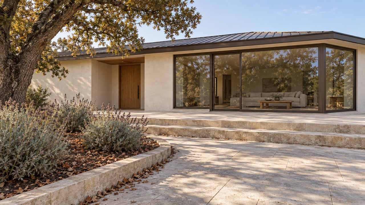 A low contemporary home with cream walls, bronze-framed glass and a limestone garden approach beneath an autumn oak.