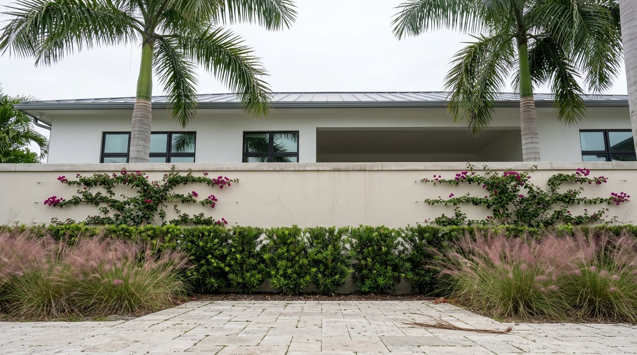 Pale stucco garden wall with espaliered bougainvillea beside a travertine path, beneath an arching royal palm.
