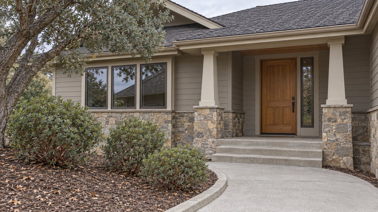 Established home with painted wood siding, stone porch piers, a concrete approach and curated oak and manzanita planting.