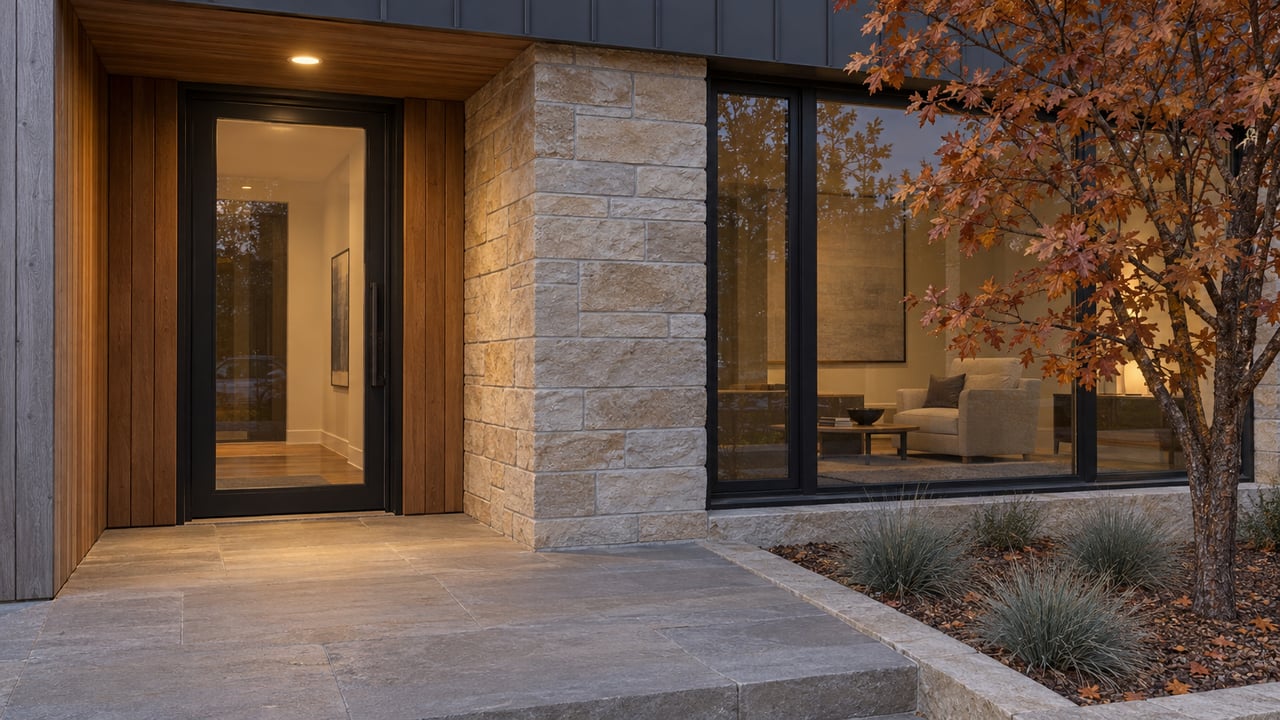 A cedar and sandstone home entry at dusk, with dark-framed glazing, a stone landing and copper oak leaves.
