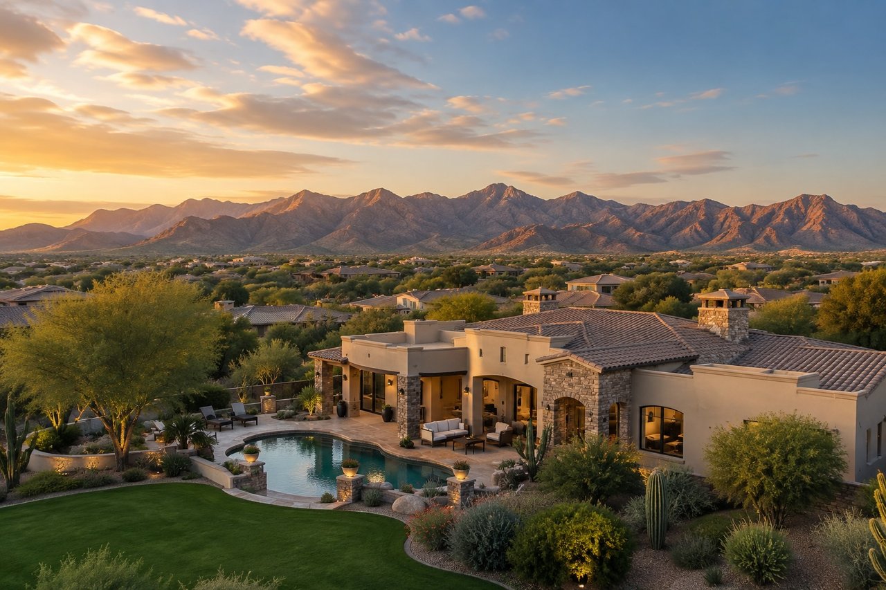Luxury home with pool overlooking the McDowell Mountains in McDowell Mountain Ranch, Scottsdale, Arizona.