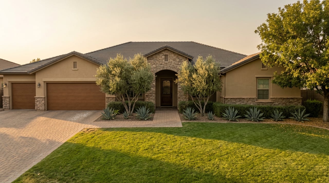 Stucco-and-stone home with an arched entry, three-car garage, olive trees, and a broad paver driveway.