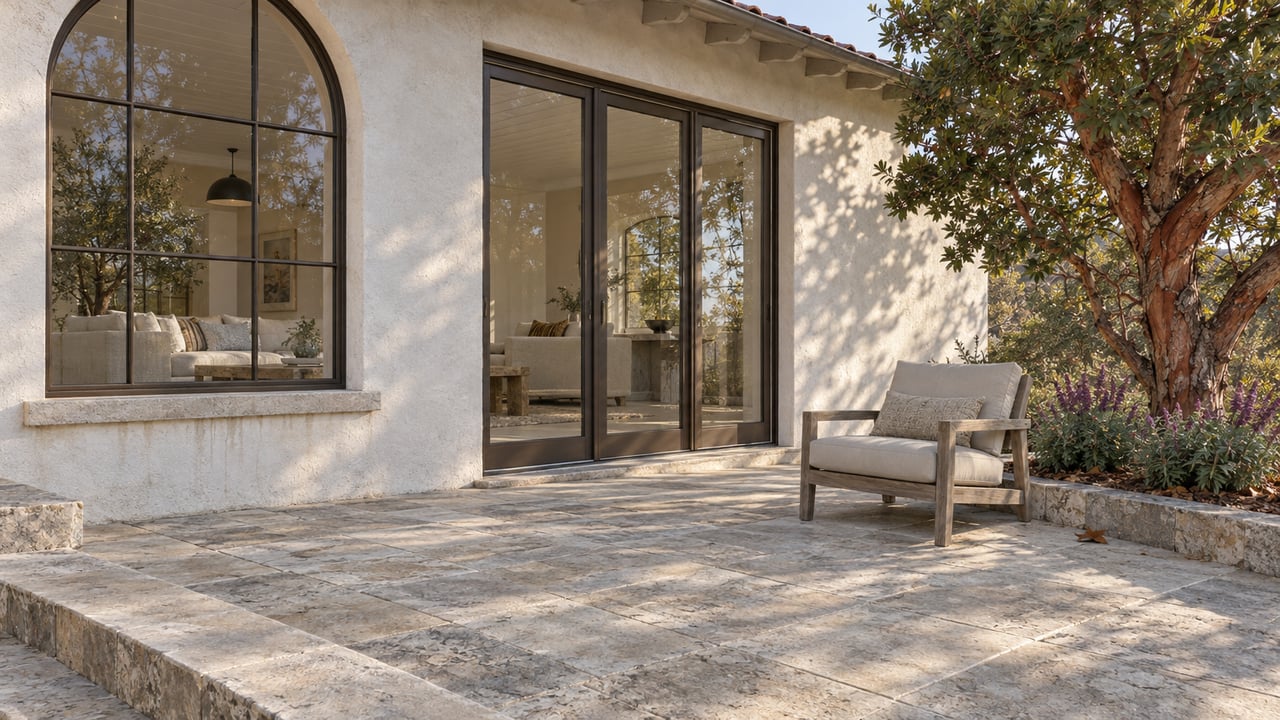 Morning light crosses a limestone terrace beside a white stucco home with bronze-framed glazing and a mature red-barked tree.