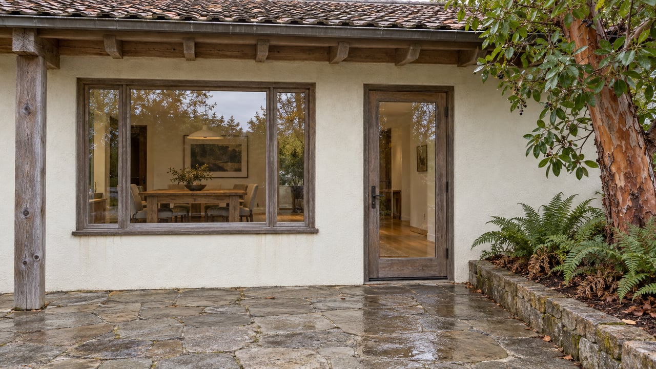 Rain-darkened stone terrace beside a cream stucco country home with timber-framed glazing and a peeling-bark madrone.