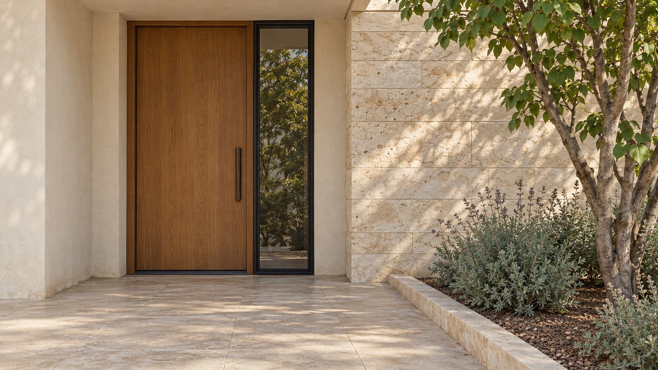 Recessed oak front door with a black-framed sidelight, pale limestone walls and paving, and a sculptural tree beside a raised planting border.