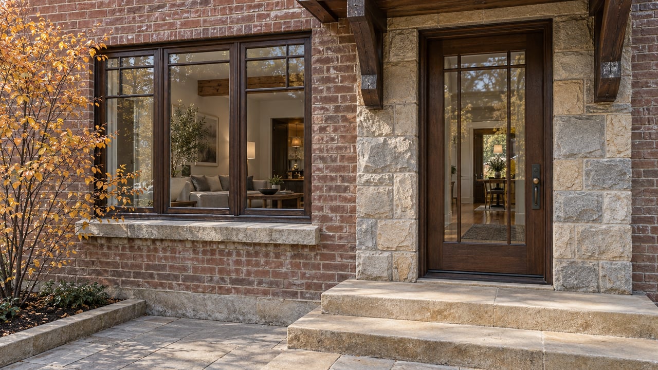 Brick residential entrance with dark wood glazing, a timber canopy, sandstone steps, and an autumn serviceberry.