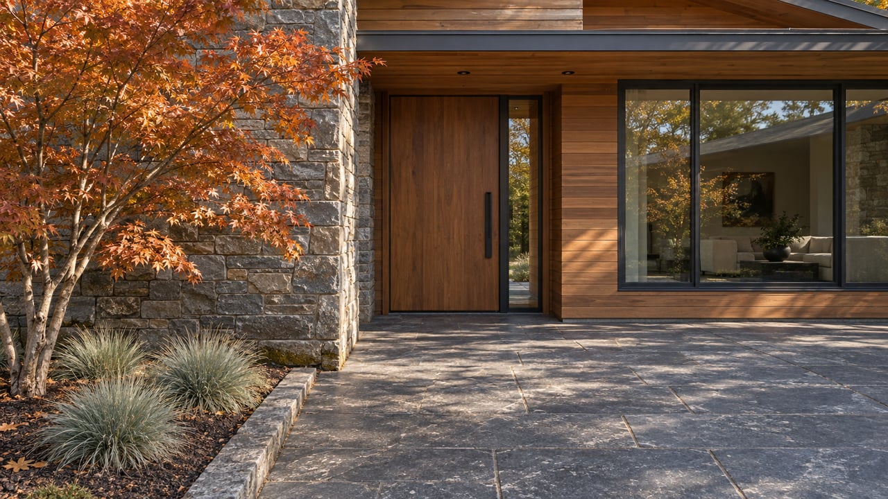 Autumn light across a wood and stone home's recessed entry, broad paved approach and copper-leaved maple.