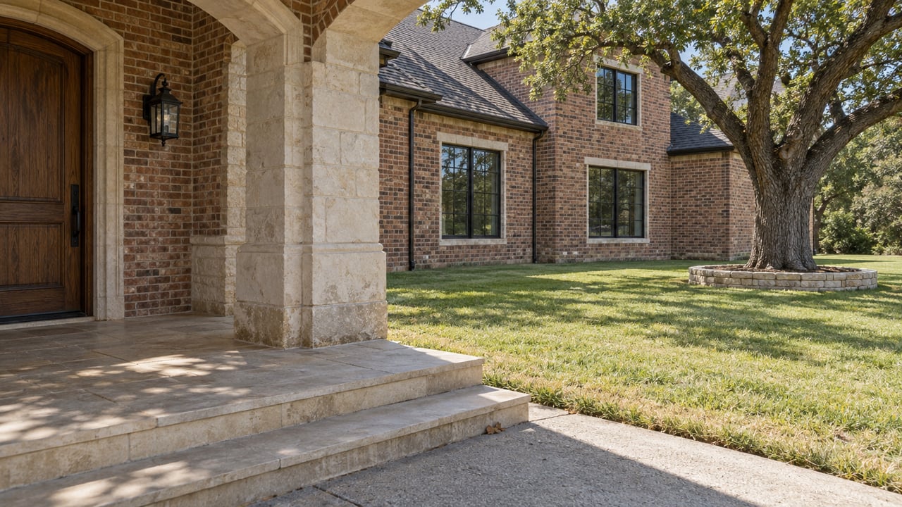Covered limestone entry porch overlooking a broad lawn and mature bur oak beside a red-brick home with dark-framed windows.