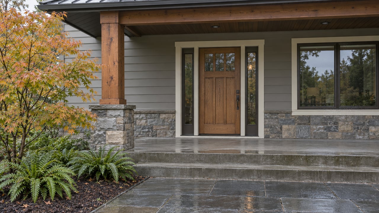 Covered entry with timber detailing, a closed oak and glass door, damp stone paving, and an amber-leaved vine maple.