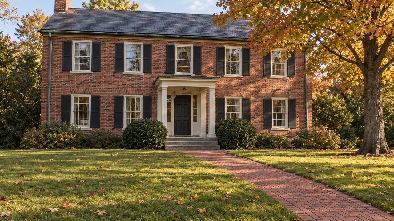 A red-brick detached home with black shutters, a slate roof and a deep front lawn beneath an amber-leaved maple.