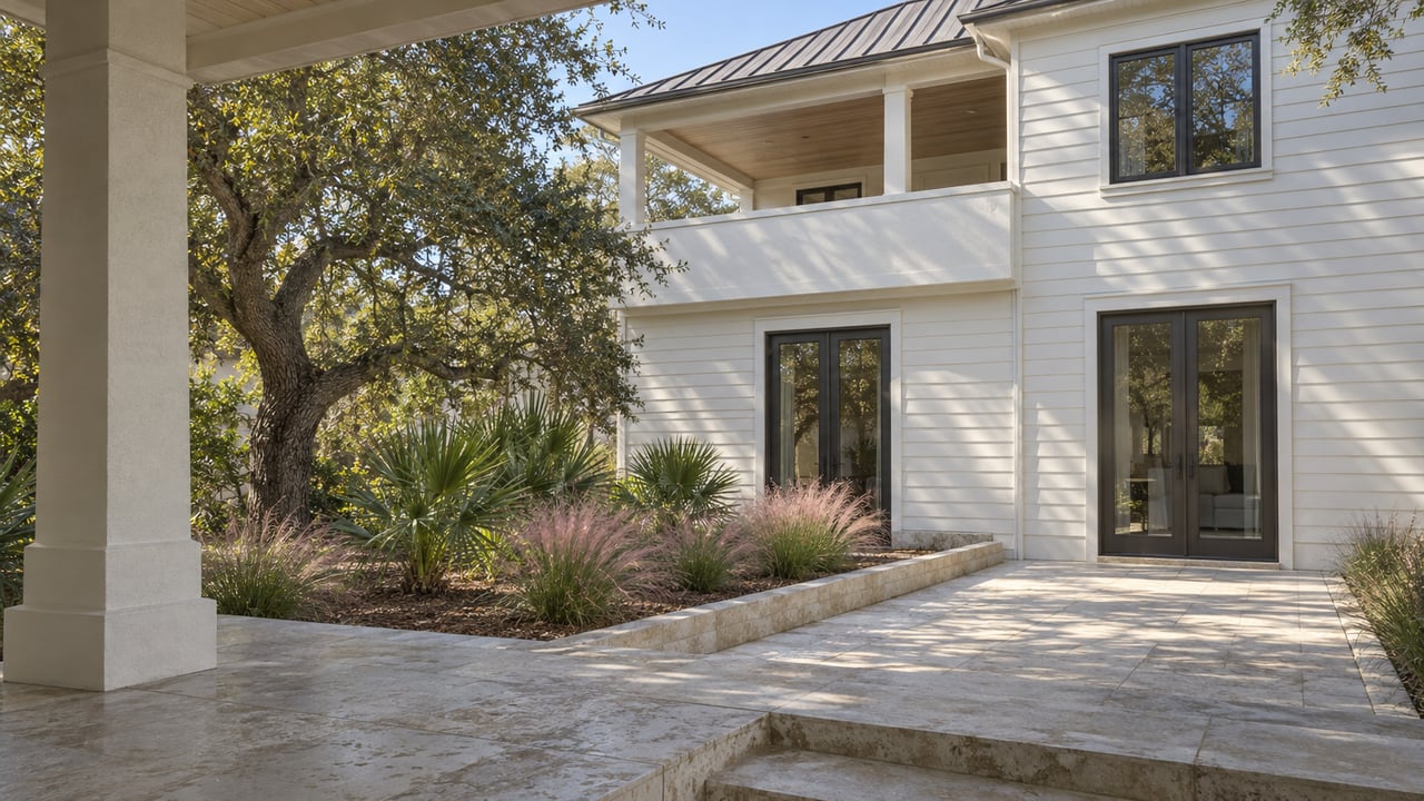 Shaded limestone porch and steps face a white multi-story home with bronze-framed glazing, a broad balcony and a planted court.