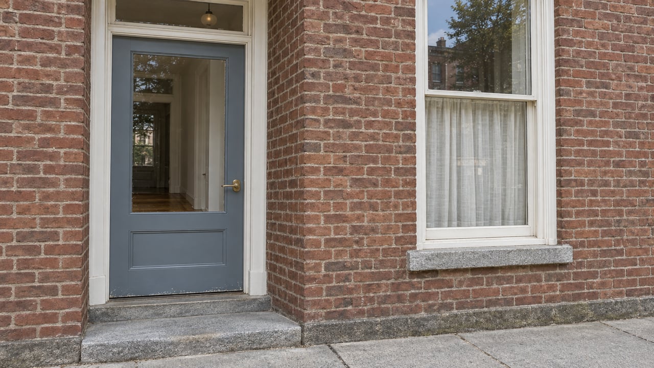 Red-brown brick residential entrance with a slate-blue glazed door, white trim, tall sash window and worn granite step.