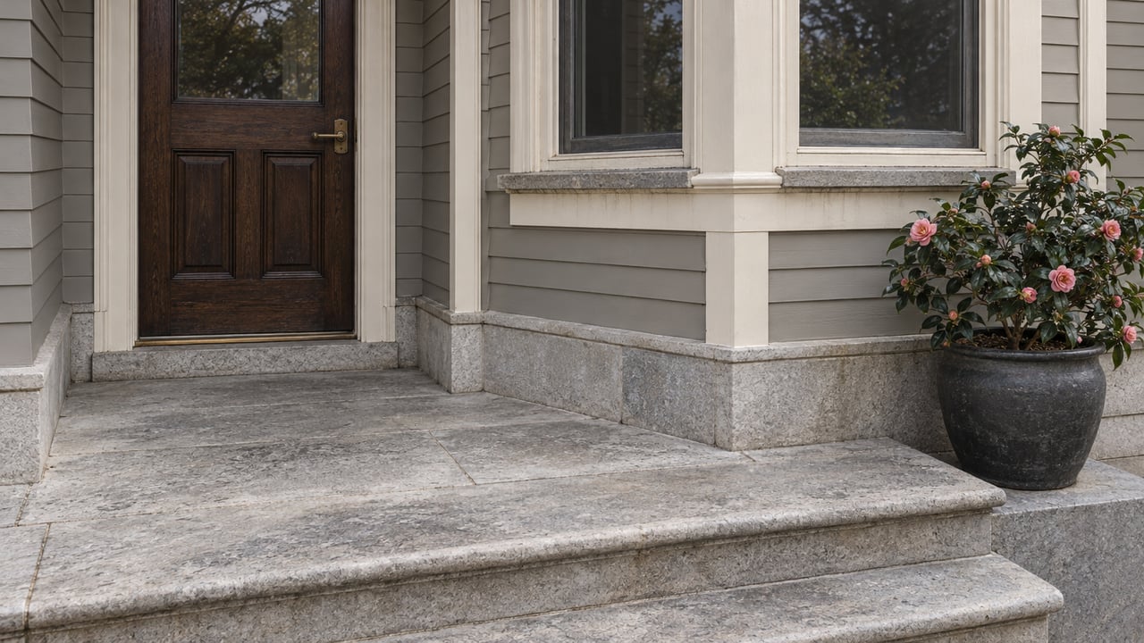 Stone entry landing with a closed oak door, painted timber bay windows and a single potted camellia.