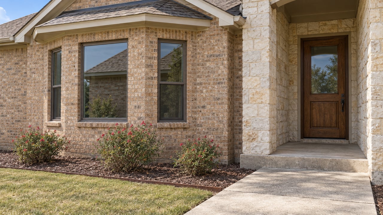 Buff-brick home with a limestone recessed entry, bronze-framed windows and a concrete walk beside flowering salvia.