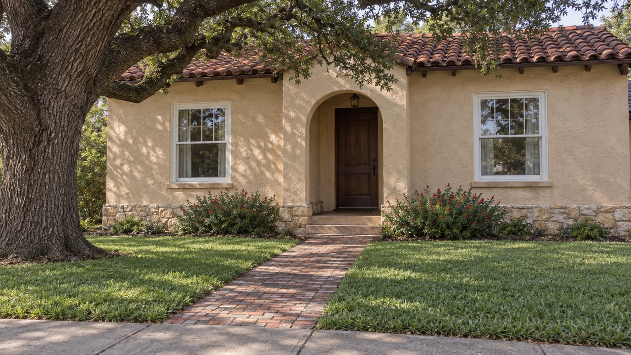 A small stucco home with a red tile roof, arched oak doorway, flanking windows, and a brick walk through the lawn.