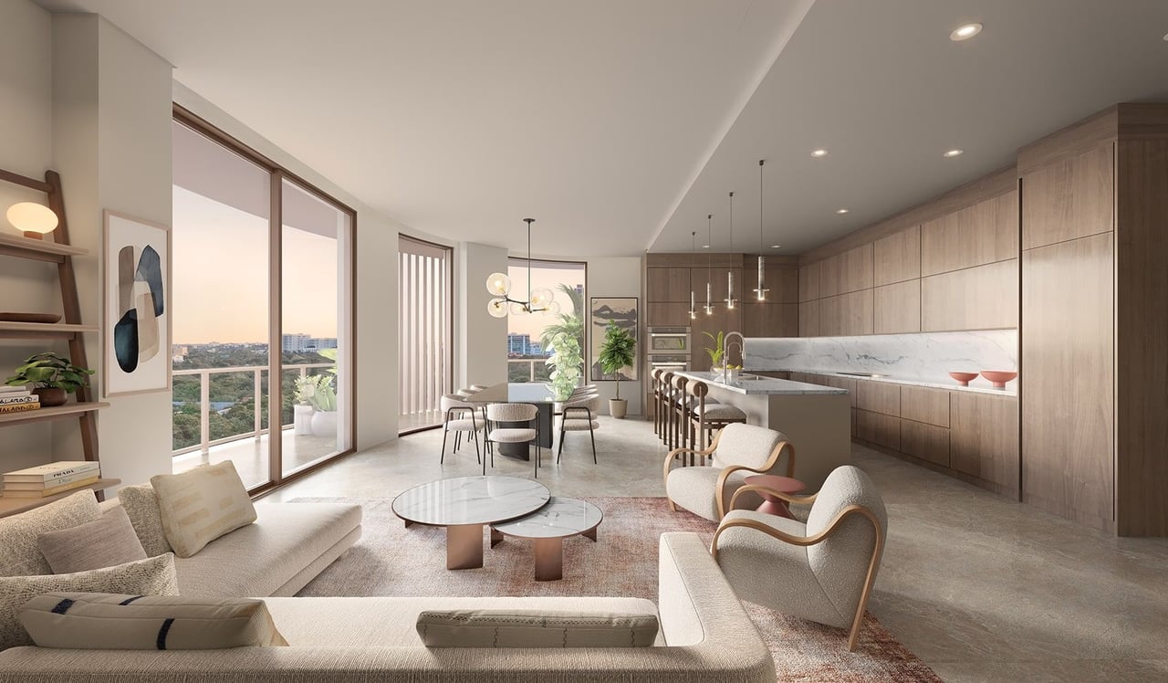 The Lincoln residence living room rendering in Coconut Grove, Miami.