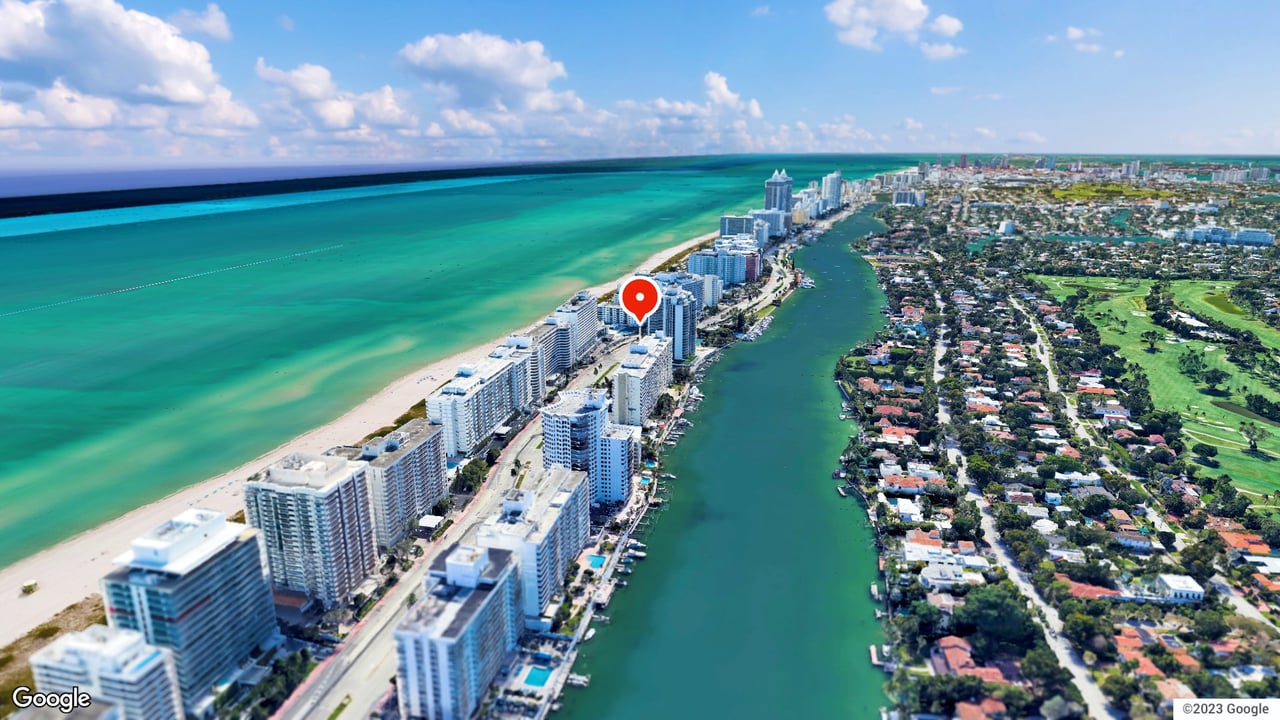 Aerial view of 5600 Collins condo, 5600 Collins Ave, Miami Beach. Brandon Tillemans, Douglas Elliman.