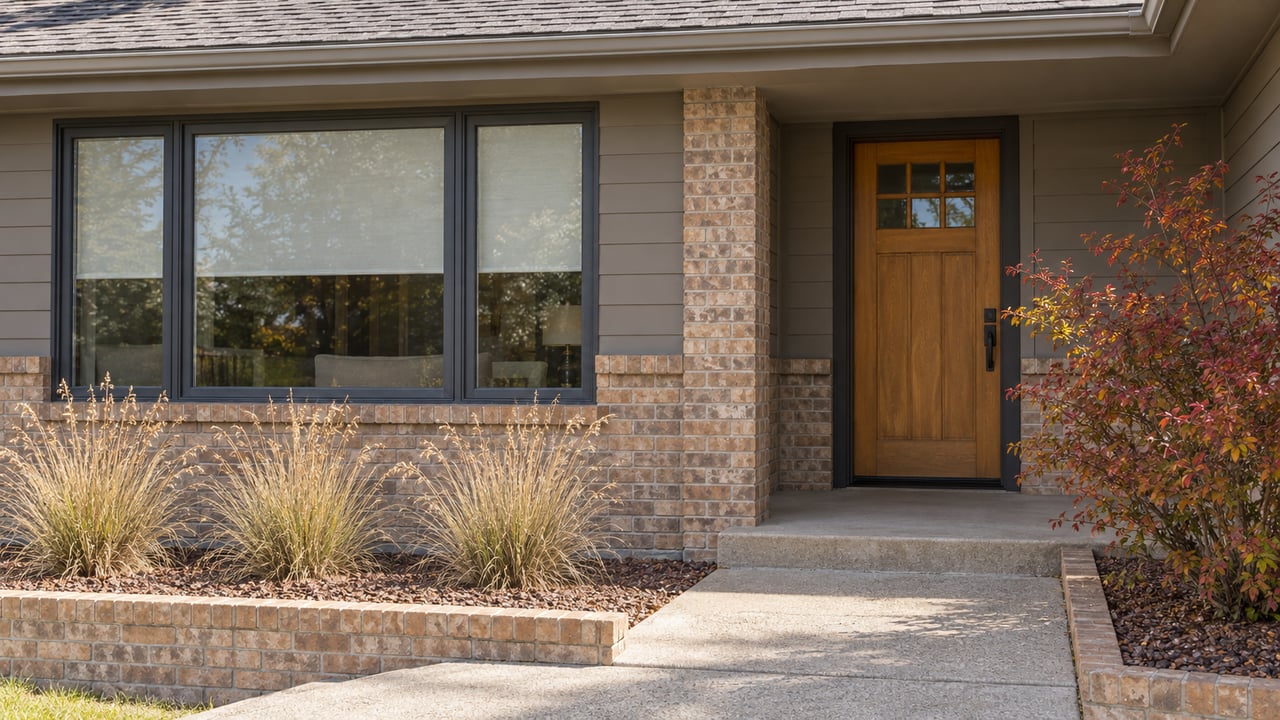 Close view of a home's buff-brick facade, broad window and sheltered wood entry beside autumn shrubs and native grass.