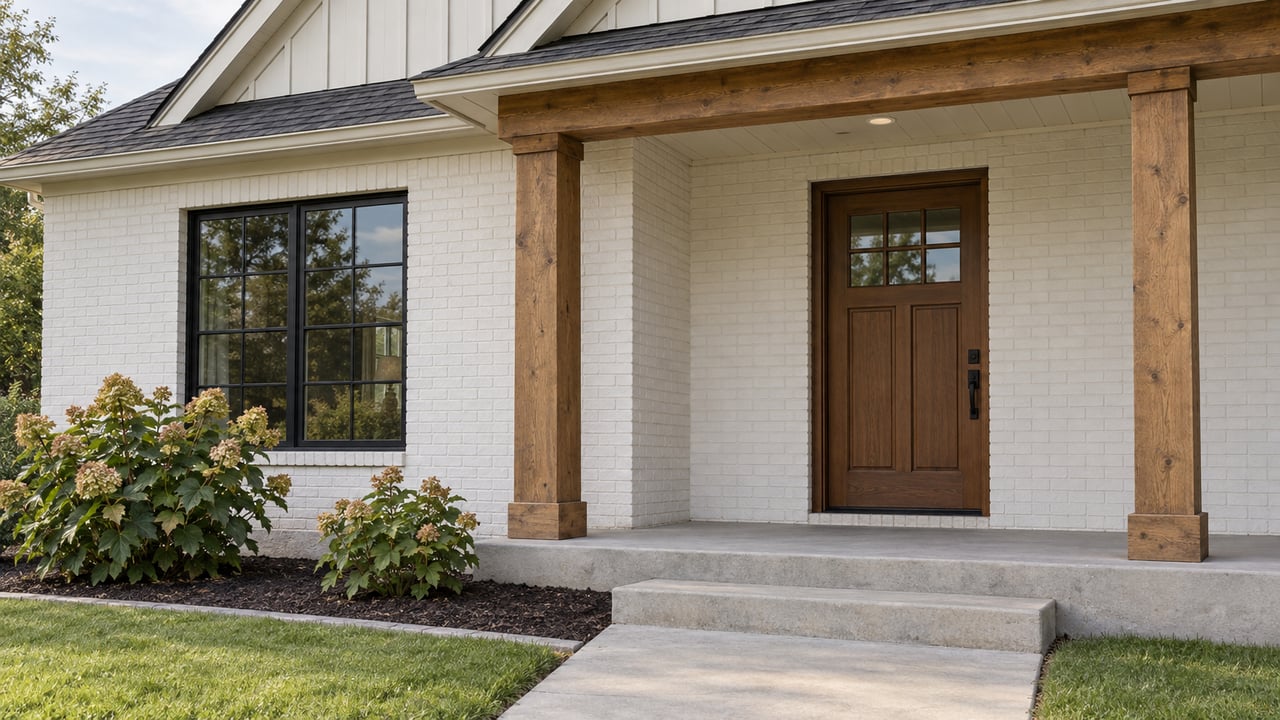 White-painted brick home with a timber porch, stained-wood door, dark divided-light window and oakleaf hydrangeas beside concrete entry steps.