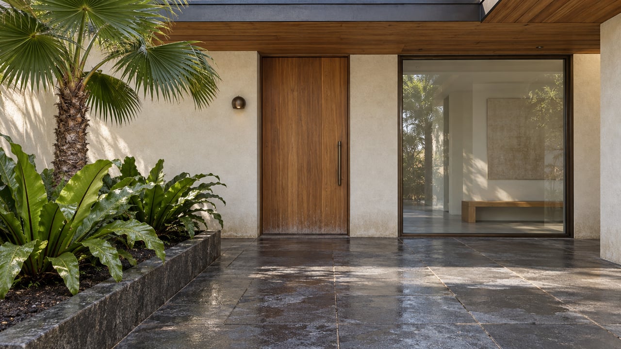 Sheltered stucco home entry with a teak door, bronze-framed glazing, basalt paving and a fan palm above bird’s-nest ferns.