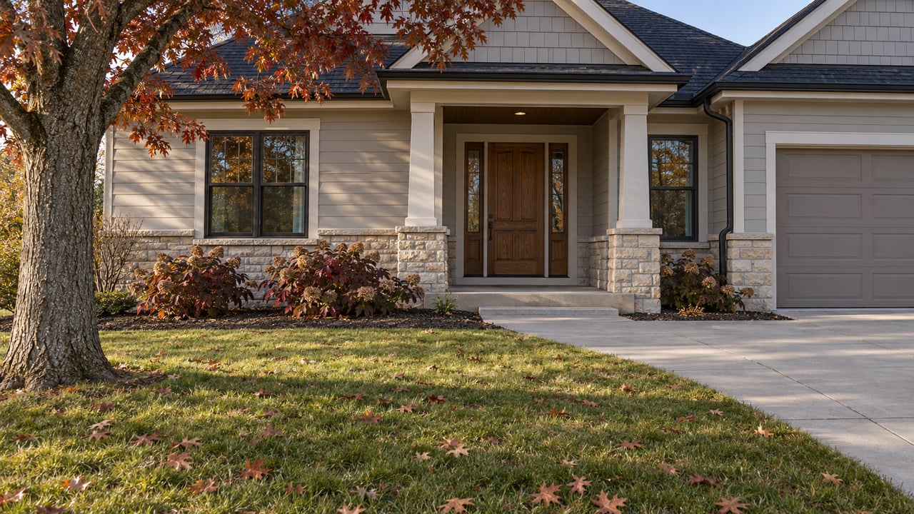 Autumn light on a gabled house with limestone accents, a broad lawn and a clear concrete front walk beneath a mature oak.