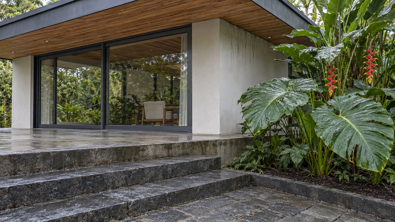Covered terrace corner with a timber soffit, closed dark-framed sliding glass, basalt steps and rain-damp tropical leaves.
