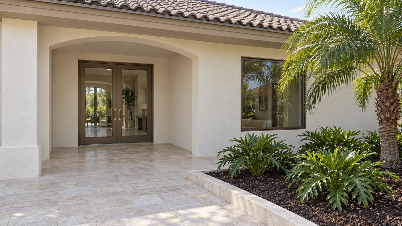 Sunlit ivory stucco home entry with bronze-framed glass doors, gray barrel-tile roof and limestone paving beside a planted palm bed.