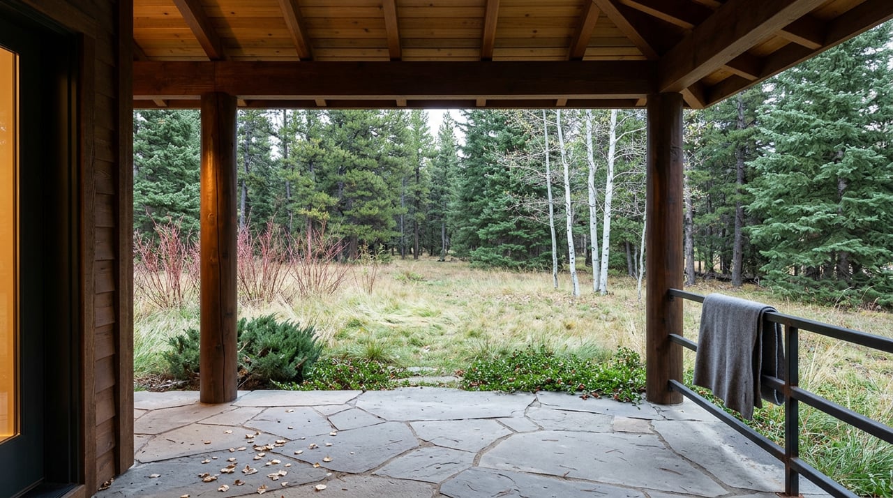 Timber porch opens onto a grassy forest clearing, with pale aspen trunks among dark evergreens.