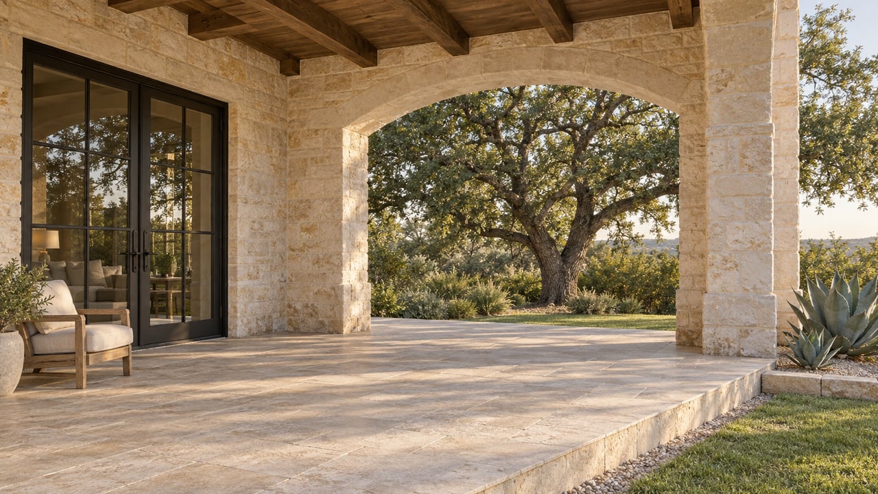 A limestone covered terrace with timber beams, black-framed glass doors, a teak chair, and a mature oak beyond the arch.