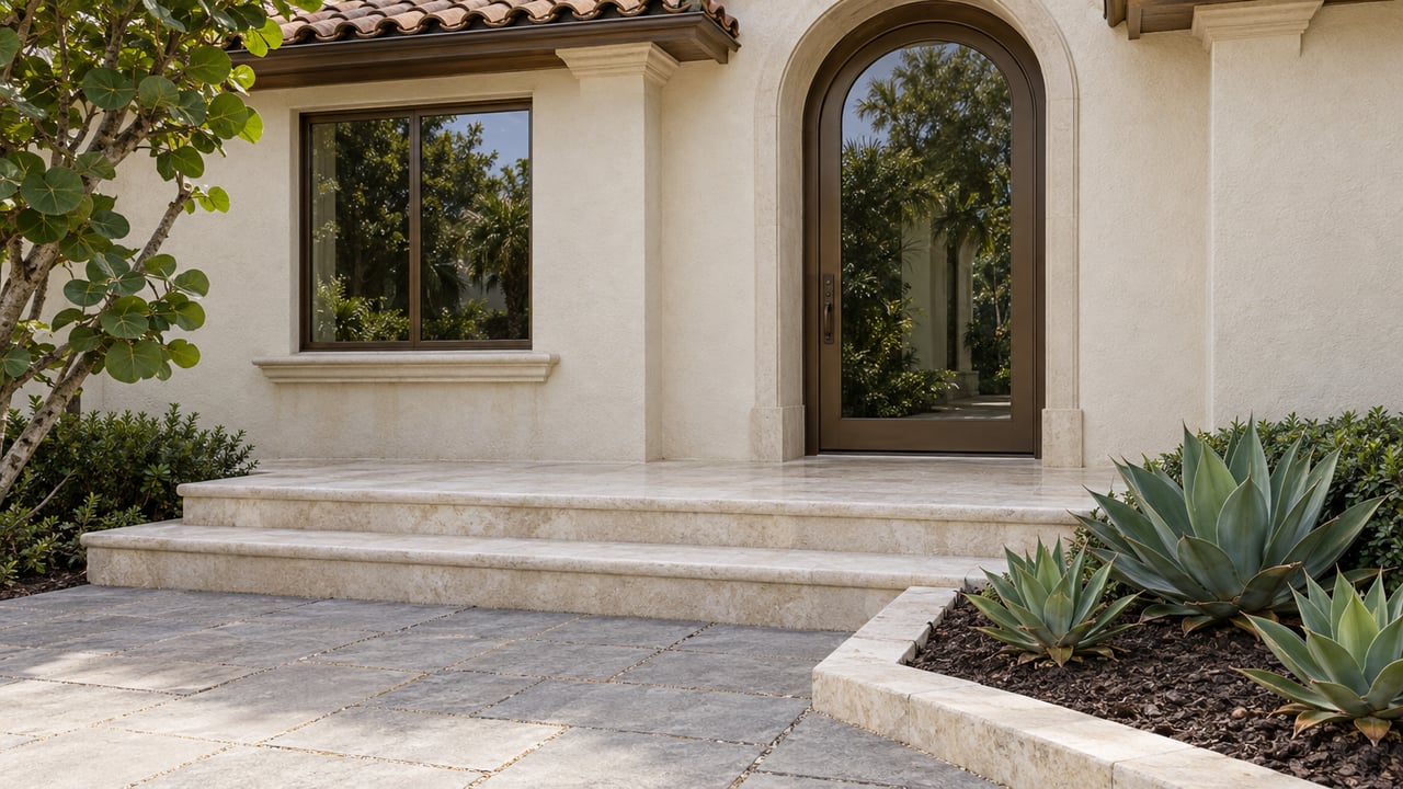 Ivory stucco entrance with an arched bronze-framed glass door, limestone steps, gray pavers and sculptural tropical planting.