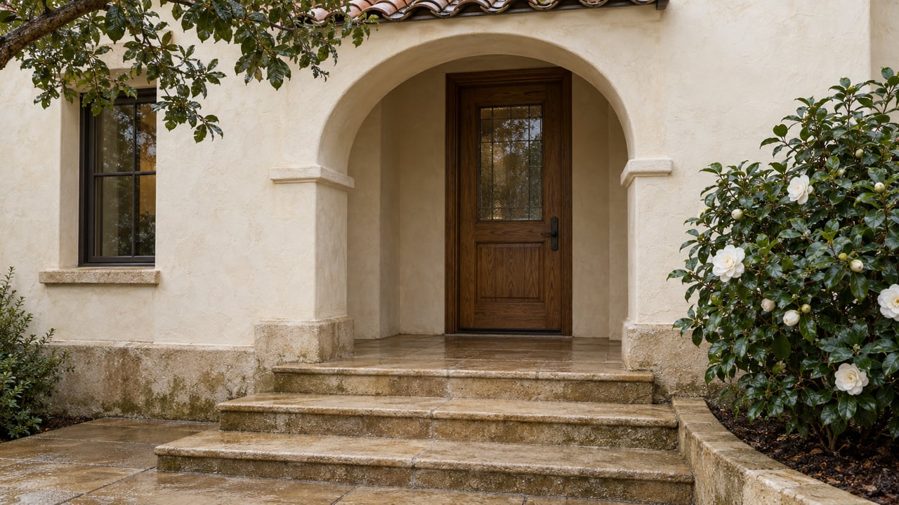 Rain-darkened sandstone steps lead to a recessed oak door beneath an ivory stucco arch, beside a white-flowering camellia.