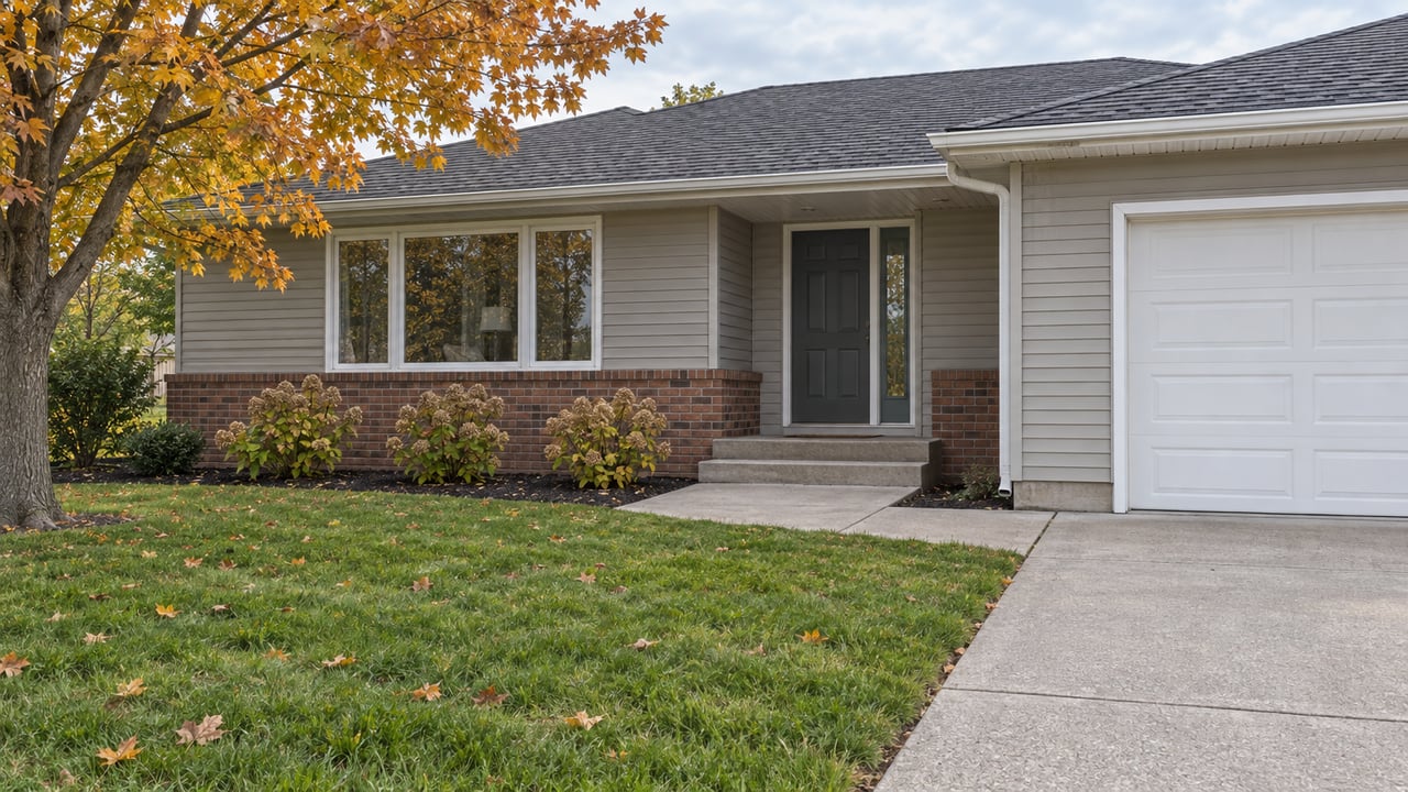 Gray-tan ranch home with a recessed entry, attached garage, deep autumn lawn, and a sugar maple with ochre leaves.