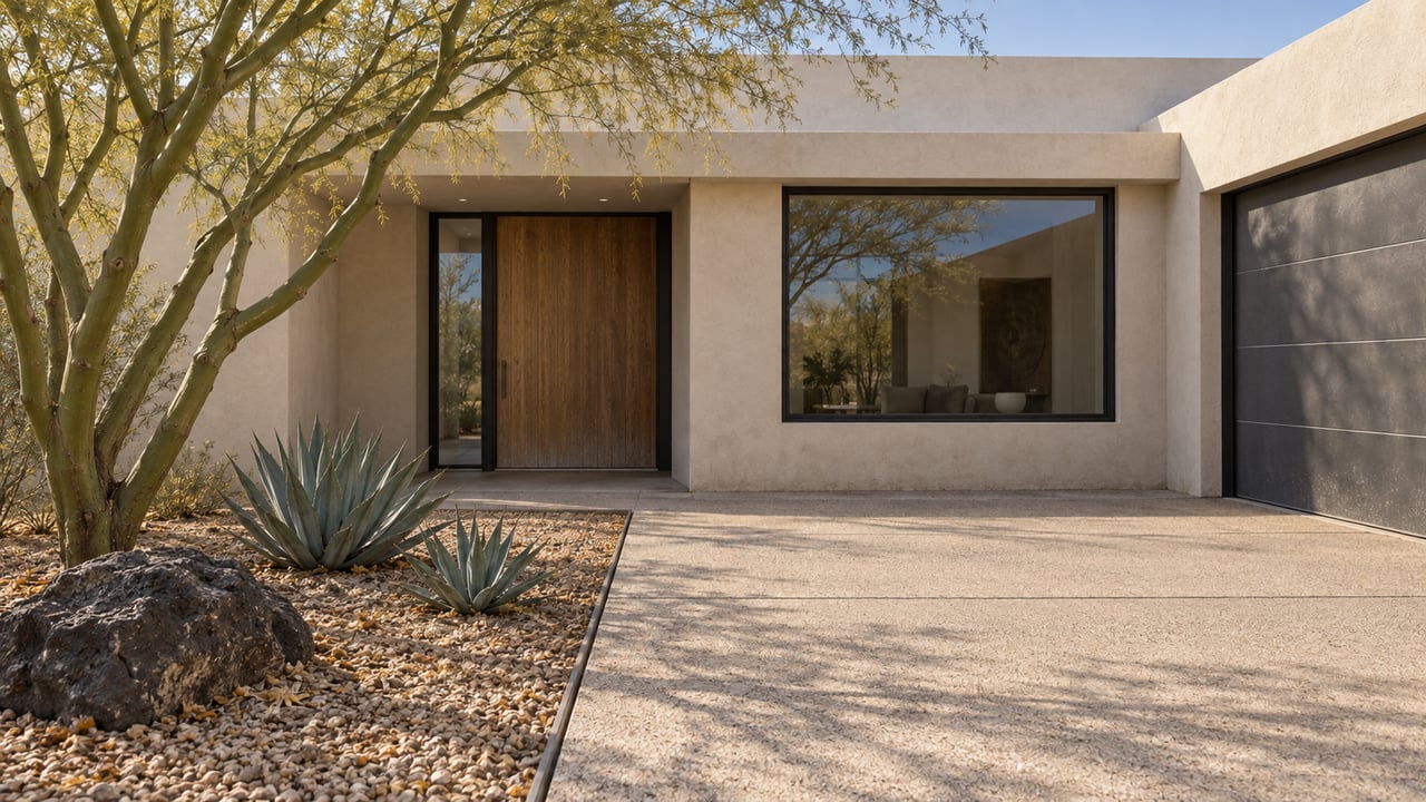 Warm stucco desert-modern entry with a shaded wood door, charcoal-framed window, pale concrete approach, blue palo verde and desert agaves in ochre gravel.