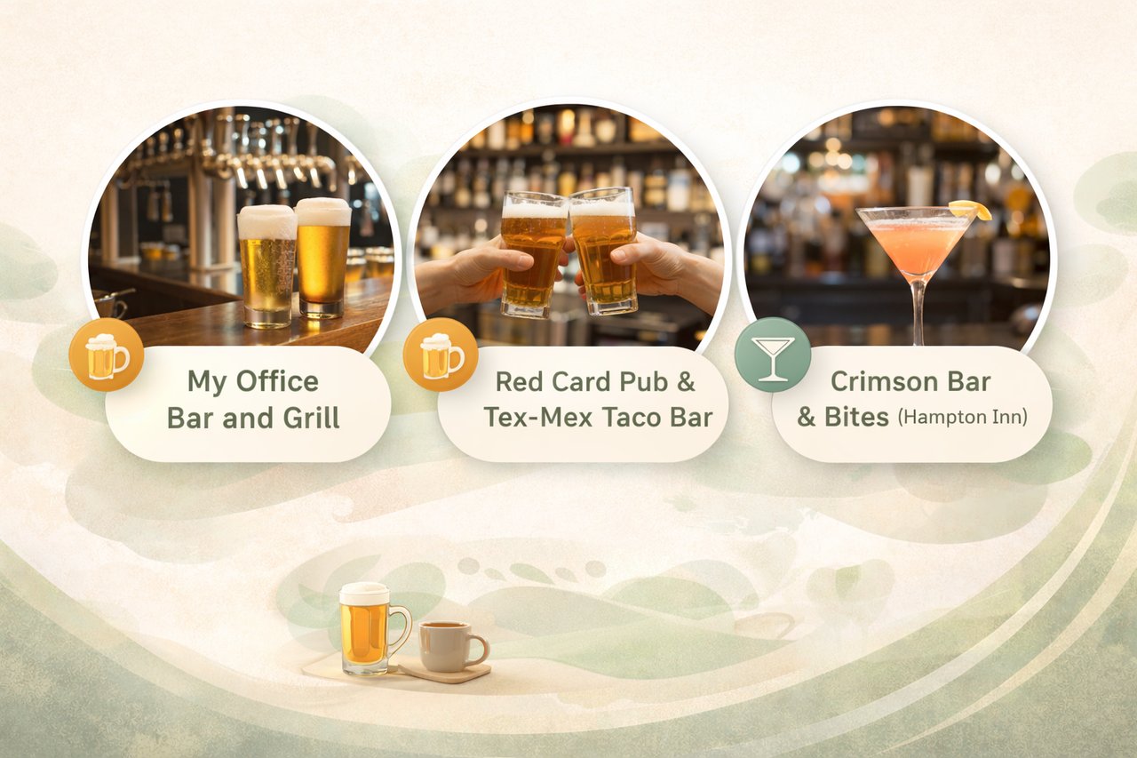 Graphic highlighting Best Drinks in Pullman WA featuring My Office Bar and Grill, Red Card Pub & Tex-Mex Taco Bar, and Crimson Bar & Bites (Hampton Inn)