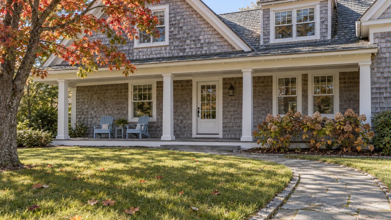 Weathered cedar-shingle home with a covered white-columned porch, deep autumn lawn, bluestone walk and a red maple.