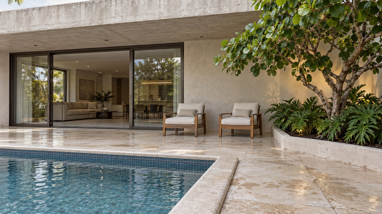 Covered contemporary home terrace with bronze-framed glazing, teak lounge chairs, pale stone paving and a blue-gray tiled pool beside a sea grape tree.