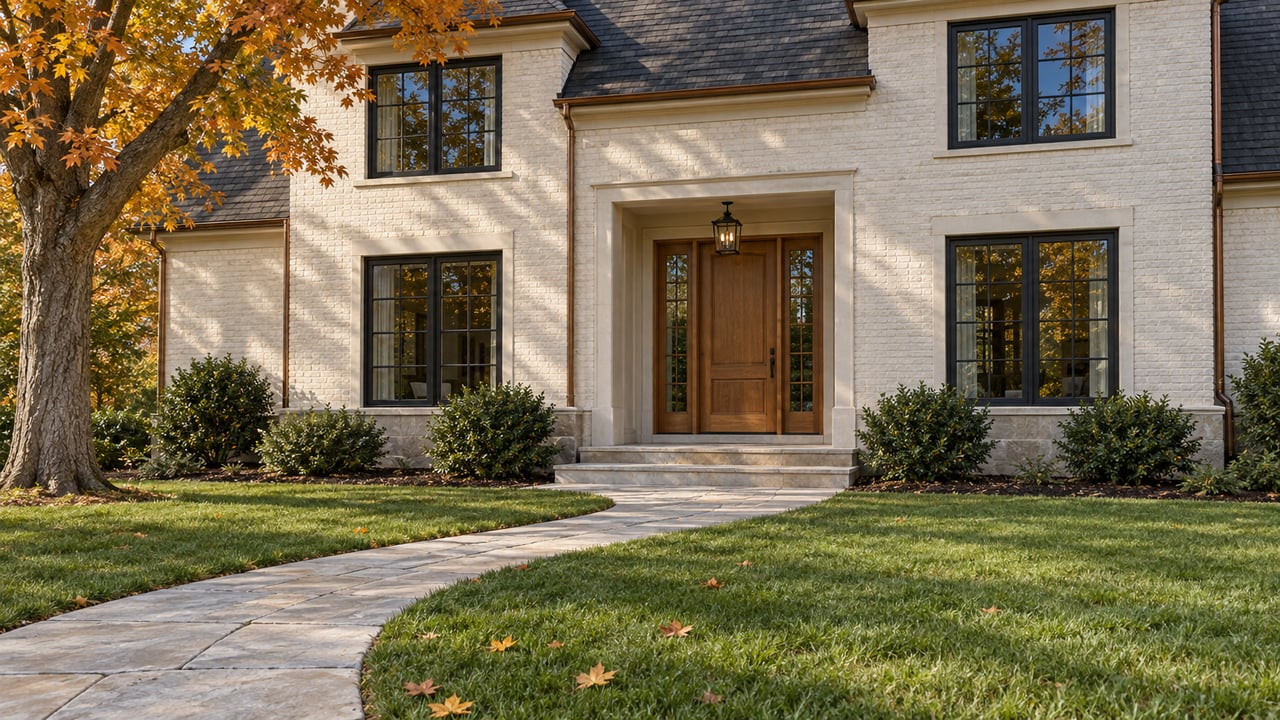 Ivory painted-brick home with black-trim windows, a limestone entry path and an amber maple beside a broad autumn lawn.
