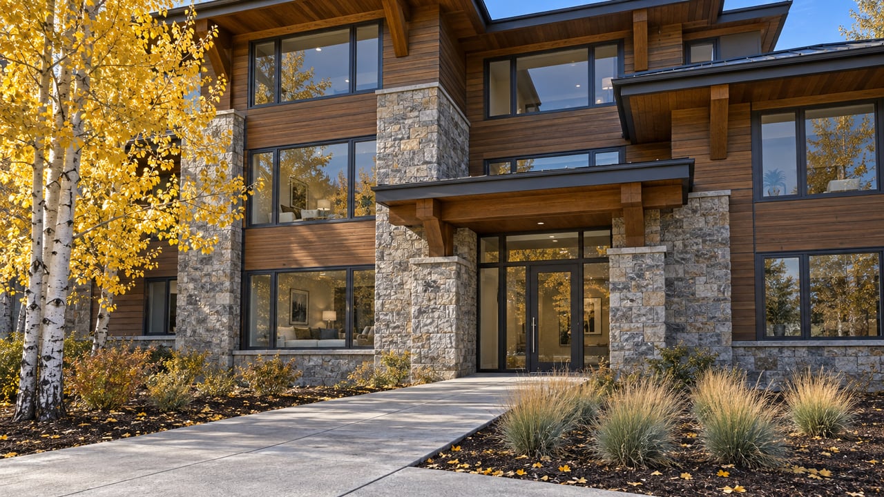 Autumn light on a timber, stone and charcoal-metal apartment entrance, with golden aspen leaves beside a concrete approach.