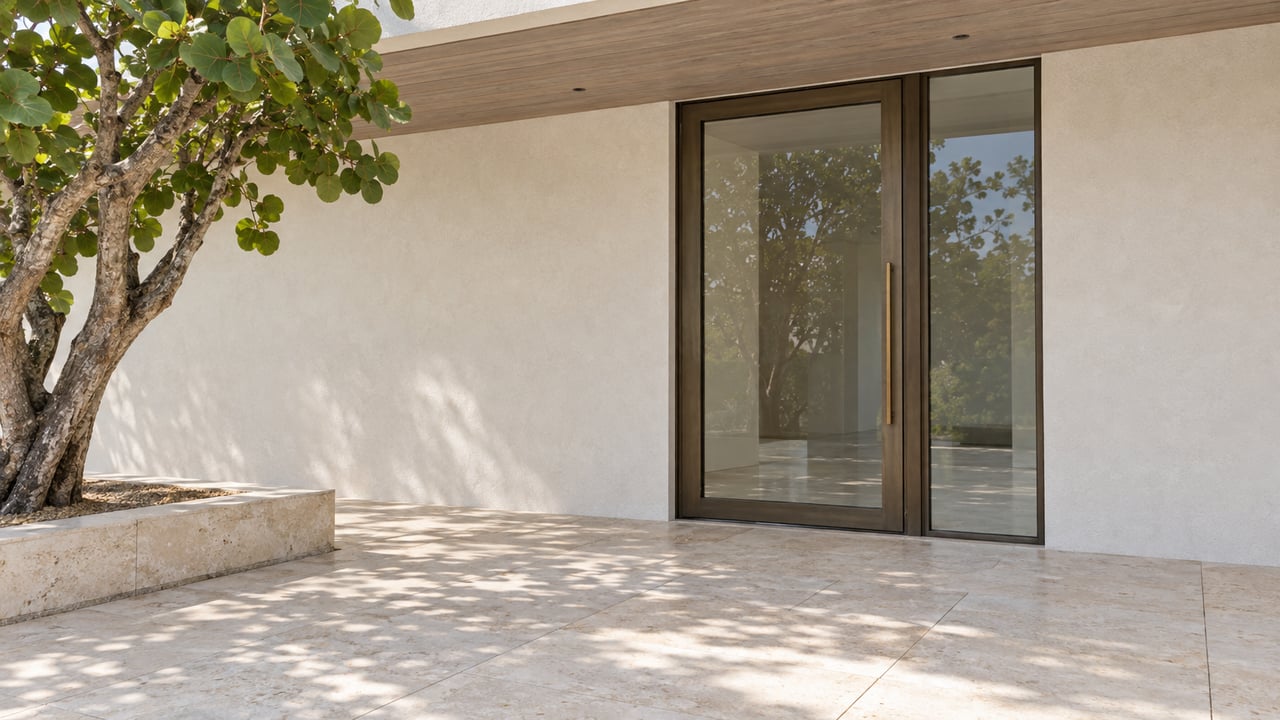 Sheltered luxury home entry with bronze-framed glass, warm-white stucco, shell-limestone paving and a sculptural sea-grape tree.