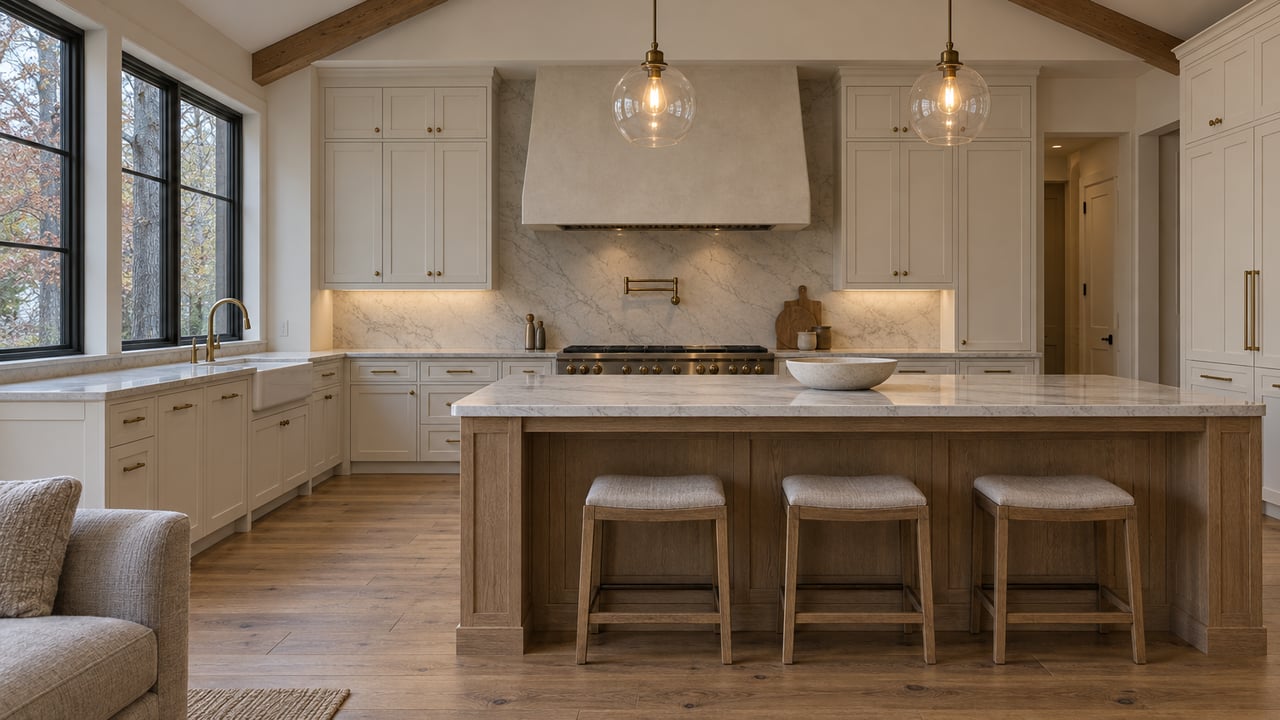 An airy kitchen with a pale oak island, white stone counters, glass pendants and closed windows overlooking mature trees.