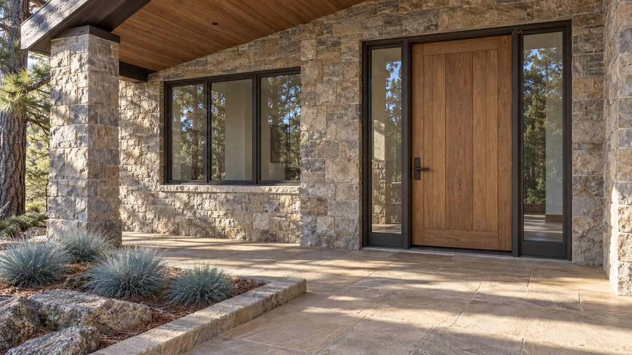 Sheltered home entrance with weathered stone walls, cedar soffit, oak door and sandstone paving beside blue fescue and a mature ponderosa pine.
