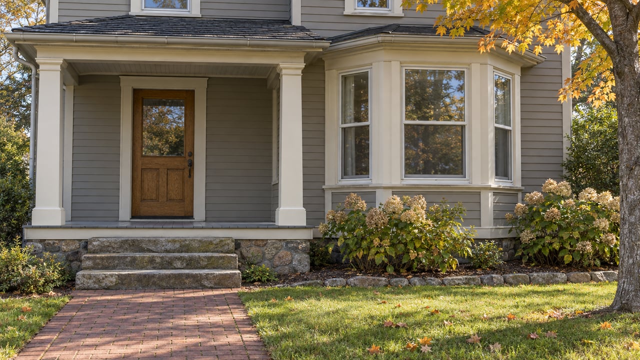 Autumn light on a gray clapboard home's covered entry, stone steps, brick approach, and three-sided bay window.