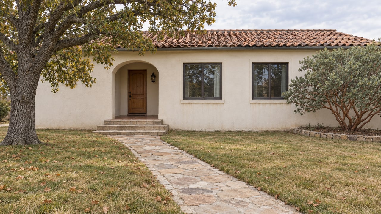 A modest cream stucco house with a clay tile roof and arched porch beyond a tawny front lawn and stone walkway.