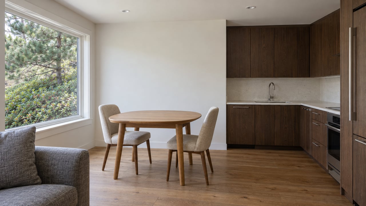 Quiet living and dining room with an oak table, dark wood kitchen cabinetry and a window overlooking a shore pine and salal.
