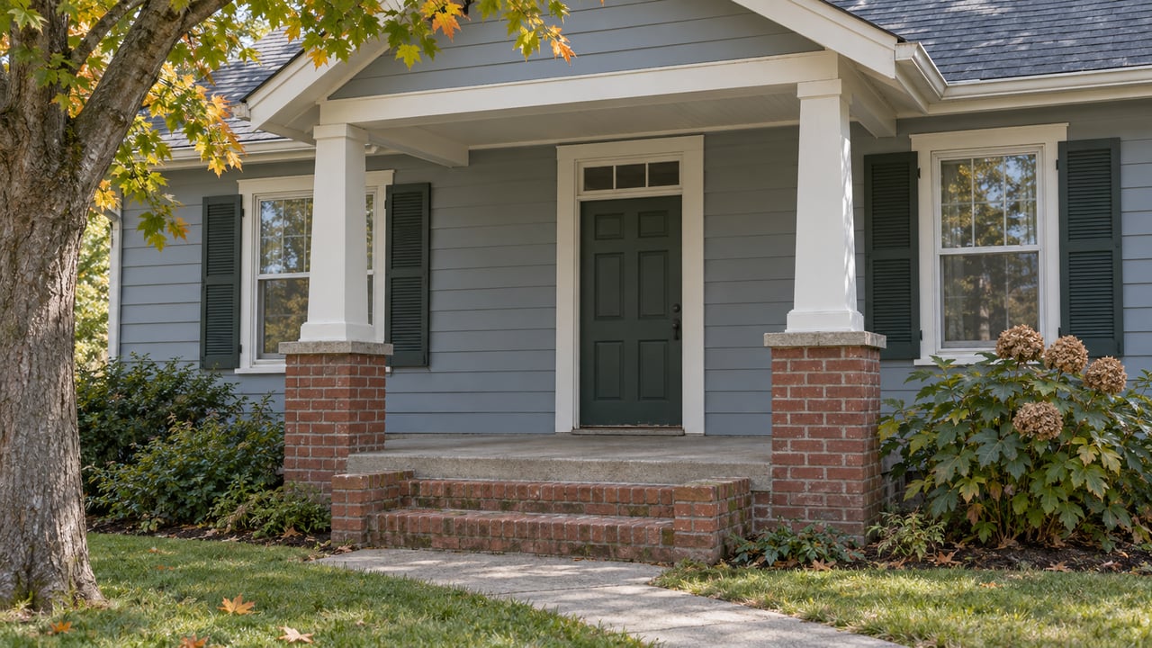 Gray-blue wood-sided home with a brick-supported front porch, green shutters and early autumn maple foliage.