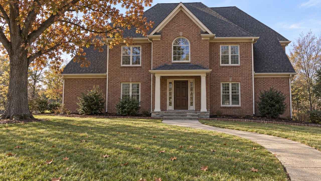 Autumn sunlight falls across a broad lawn, a mature russet-leaved oak and a two-story brick home with a covered stone entry.