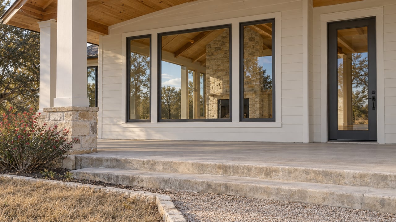A timber-ceilinged farmhouse porch with white-trimmed windows, concrete steps and dormant grass beside a limestone-edged planting bed.