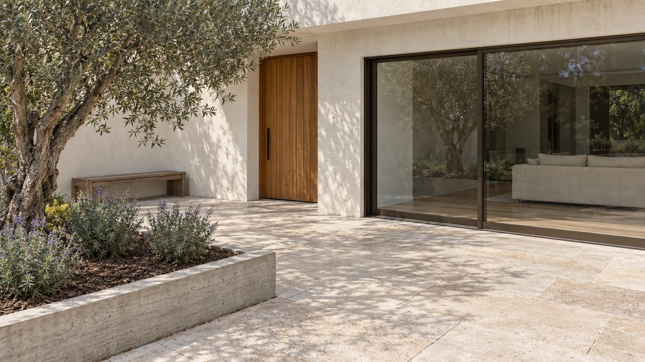 Sunlit limestone terrace beside a warm stucco home, with bronze-framed glass doors, a cedar entry and a mature olive in a concrete planter.