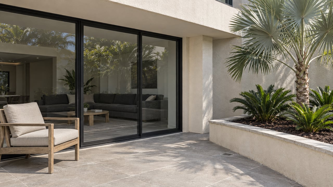 Cream stucco condominium terrace with closed glass doors, warm-gray paving, a teak chair and a silver thatch palm in a raised planter.